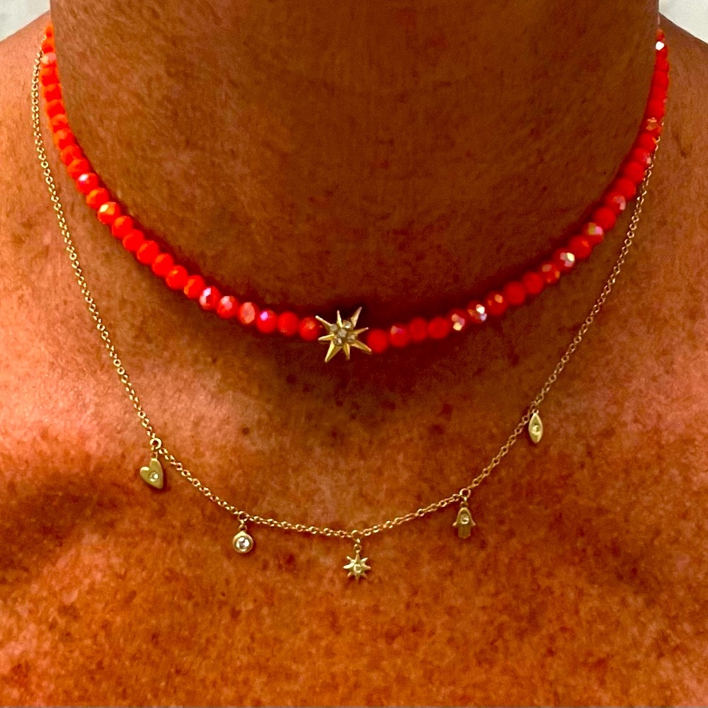 New Stay Golden Boho Sparkling Crystal Sun Star Glass Beaded Necklace Orange